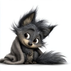 Cartoon wolf wrapped in cozy blanket with sweet shy expression
