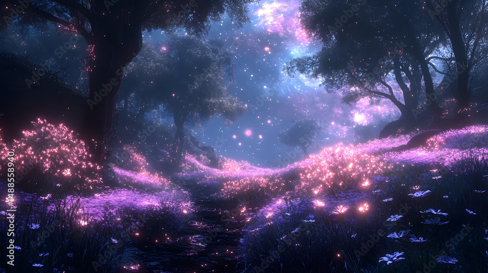 Poster enchanted forest at night. glowing flowers and ethereal orbs illuminate a path under a vibrant nebul