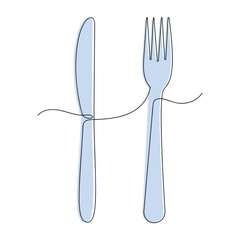 Fork and knife in one continuous line in color. One line drawing, minimalism. Vector illustration.