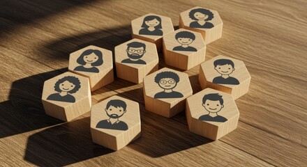 Wooden blocks with person icons arranged on a wooden surface under sunlight.