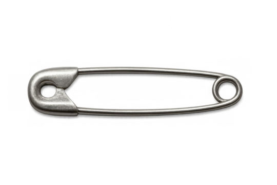 Closed safety pin on a transparent background, useful for securing fabric or for various other purposes