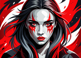 Naklejka premium Fierce warrior woman with striking red and black face paint and intense eyes.