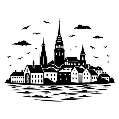 Obraz premium A scenic coastal town with traditional houses and a tall church steeple overlooking the ocean with seagulls soaring overhead.