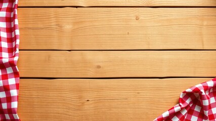 Obraz premium Rustic Wooden Tabletop with Red and White Checkered Cloth Corners