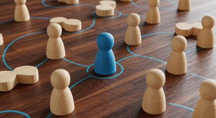 Wooden figures connected by lines one blue figure among many beige figures.