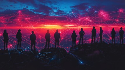 Fototapeta premium Silhouettes of people on a mountaintop, connected by a network of lines at sunrise