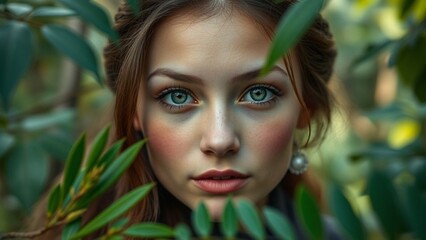 A young woman with expressive green eyes and rosy cheeks. Looking at the camera