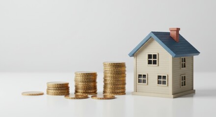 Coins stacked in increasing heights next to a small toy house.