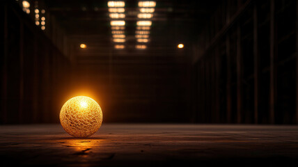 Fototapeta premium Glowing spherical object on wooden floor in dark room with warm lighting and reflections, creating mysterious and futuristic atmosphere