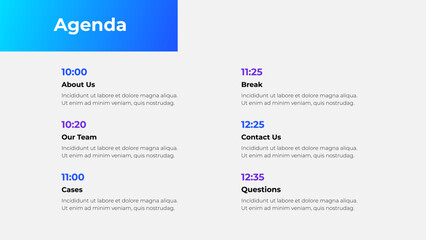 Professionally designed agenda template showcasing a structured schedule for a business or corporate event. Includes time slots, topics, and a visually appealing modern design for professional use