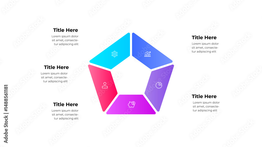 Poster creative pentagon shaped infographic element with vibrant color sections and labeled space for text.