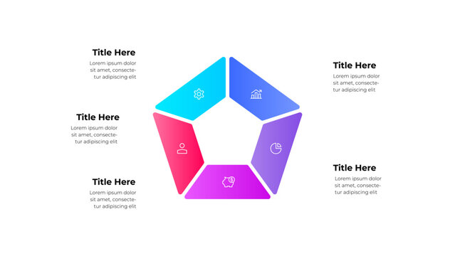 Creative pentagon shaped infographic element with vibrant color sections and labeled space for text. Perfect design for presentations, business frameworks, or educational purposes