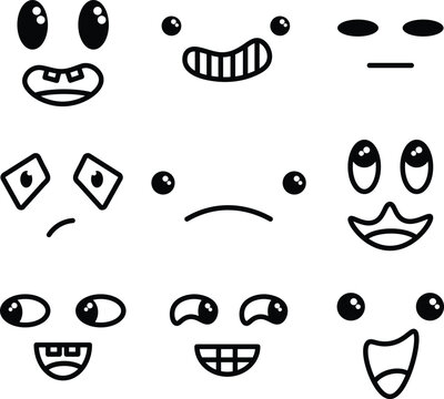 Set of simple kawaii faces, isolated flat graphics, funny and cute faces