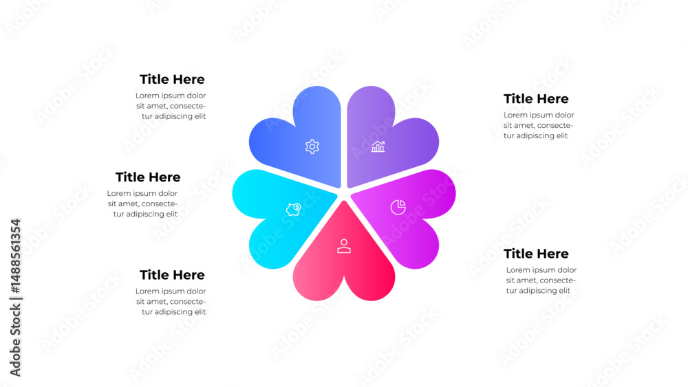 Poster Infographic design featuring colorful 5 petal shapes arranged in a radial pattern with business icons and text placeholders for a modern and professional presentation