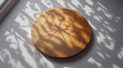 Obraz premium Light-toned wooden circular plate on a light surface, with leaf shadows