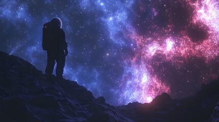 Astronaut contemplates the cosmos from a desolate planet, vibrant nebulae painting the sky with cosmic hues. Exploration, discovery, and the allure of the universe. Astronomy and Galaxy backgrounds.
