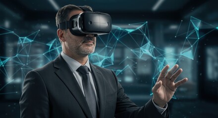 Man in suit uses virtual reality headset with digital network overlay.