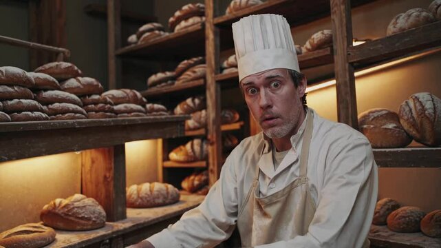 Boulanger surpris dans une boulangerie artisanale, ambiance rustique et comique au milieu des pains


