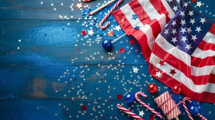 American-themed flat lay composition on a textured blue background with a sparkly, glittery effect, american flag, fourth of july