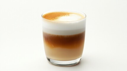 A glass of latte with a thick layer of foamed milk, a brown layer of espresso, and a bottom layer of milk, all against a white background