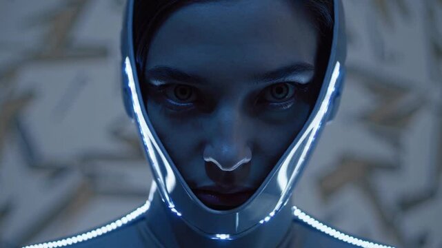 Femme en combinaison futuriste &agrave; LED avec regard per&ccedil;ant, ambiance de science-fiction technologique

