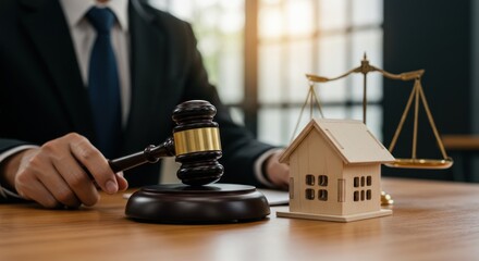 Gavel scales and house model on a wooden table with a person.