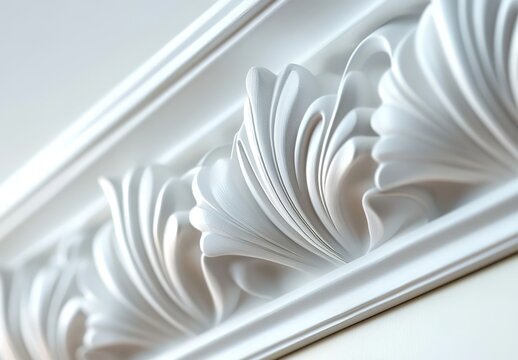 Close-up of white ornate plaster molding with shell-like patterns