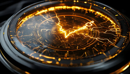 digital glass thunderbolt or explosion effect inside a futuristic clock face