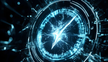 digital glass thunderbolt or explosion effect inside a futuristic clock face