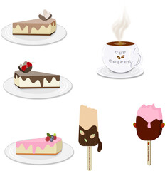 coffee and cake icons set and ice cream