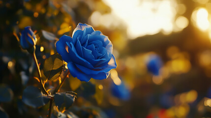Beautiful blue rose flower with a blurred background of a garden at sunset. Close-up. Beautiful nature background.