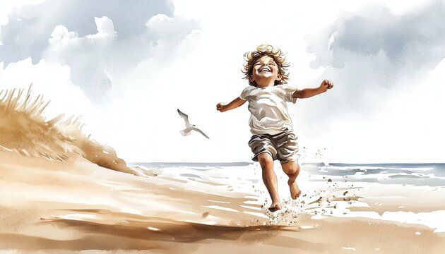 A cheerful child enjoys a watercolor beach day under a beautiful sky. - Powered by Adobe