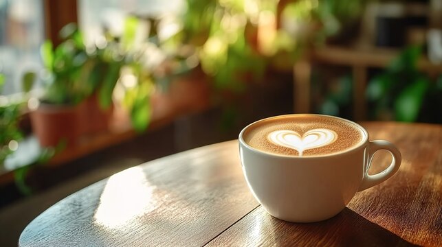 A cup of latte with heart-shaped foam art on a wooden table near a window with green plants
