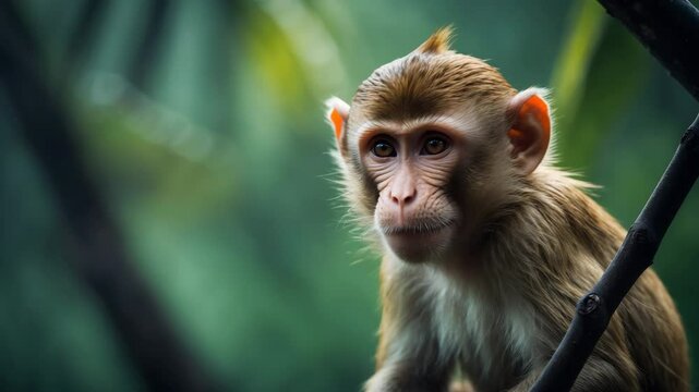 Young monkey portrait with green background. Cute monkey perched on a branch. Delightful wet ape frolicking on a tree.