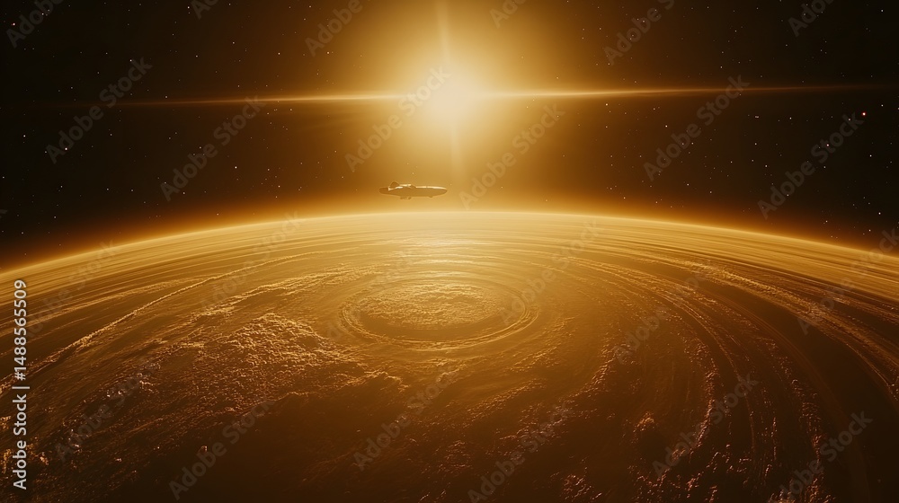 Fototapete A golden planet basks under a radiant star's glow, while a lone spaceship traverses the star-speckled void. Ideal for space exploration concepts. Astronomy and Galaxy backgrounds.
