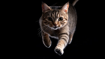 Obraz premium Beautiful cat in action, running on the ground, front view, black background.