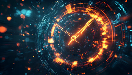 digital glass thunderbolt or explosion effect inside a futuristic clock face