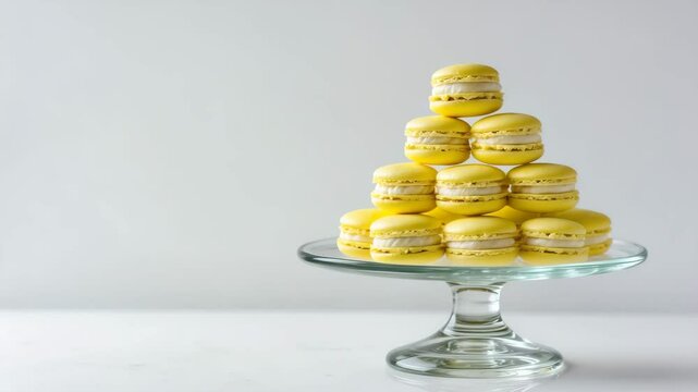 Food and Sweets Concept - Yellow Macarons Displayed on Glass Confectionery Stand in White Animation