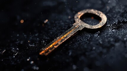 Close-up of a key lying on a black surface. the key is made of metal and has a shiny, metallic finish. it has a circular shape with a pointed end and a small loop at the top.