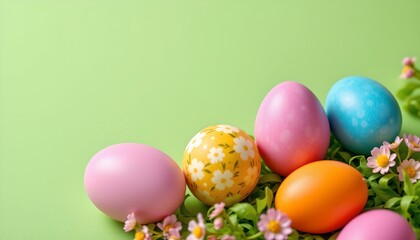 Fototapeta premium an arrangement of easter eggs against a green backdrop with hints of pink and yellow flowers scattered around