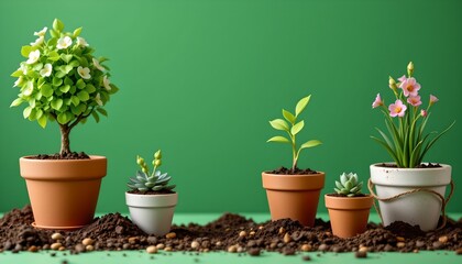 Obraz premium a digital illustration depicts a collection of potted plants with different types of leaves and flowers, arranged on a dirt surface that suggests a nursery setting