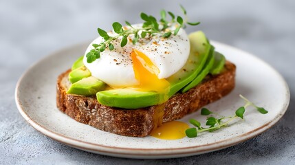An inviting close-up of avocado toast with a perfectly poached egg, ready to be enjoyed.