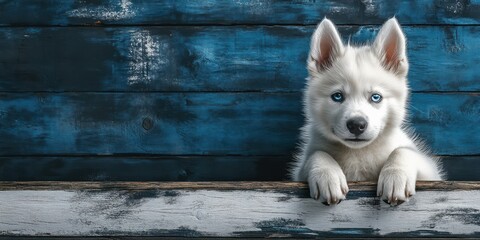 Cute white husky puppy with blue eyes peeking over a wooden fence against a blue background