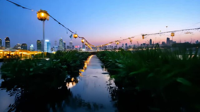 Wooden boardwalk guides sunset walkers toward shining wind farm beside skyline, gentle breeze proves wind farm power driving clean future with expansive wind farm blades. Concept renewable
