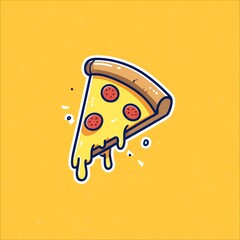 Flat pizza slice with cheese dripping, cartoon style, bold outline, PNG sticker icon