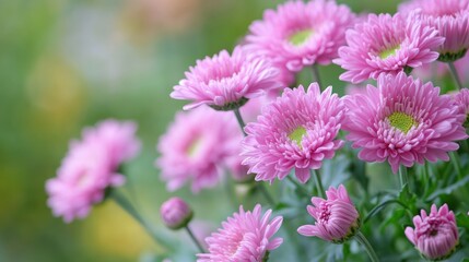 Blooming Pink Chrysanthemum Flowers in Garden with Soft Green Background