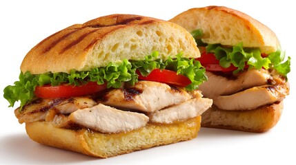 A pair of grilled chicken sandwiches, with fresh vegetables, ready to be eaten.