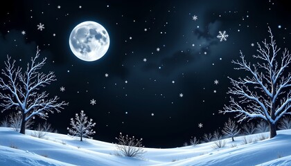 a nighttime winter landscape under a full moon, with snow covered ground, trees decorated with snowflakes, and a path between them, creating an enchanting atmosphere.