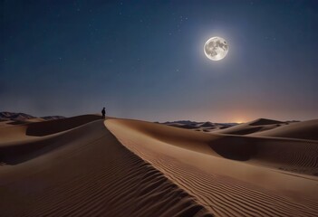 Man walking in the desert under a full moon at night with starry sky and sand dunes