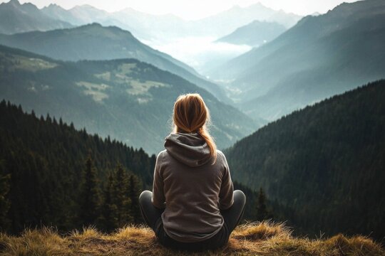 Surrounded by lush green forests and towering mountains, she enjoys nature's beauty.